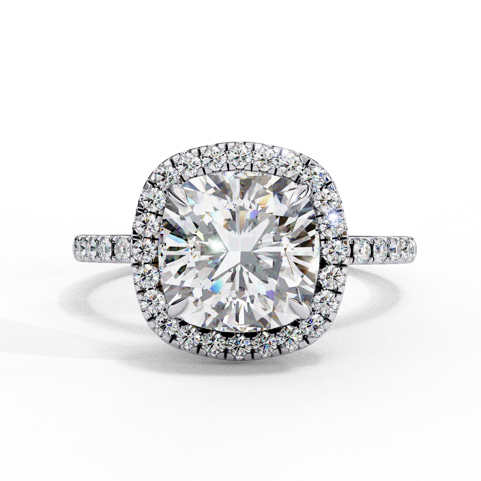 Cushion Cut Diamond Engagement Ring with Halo and Pave Band