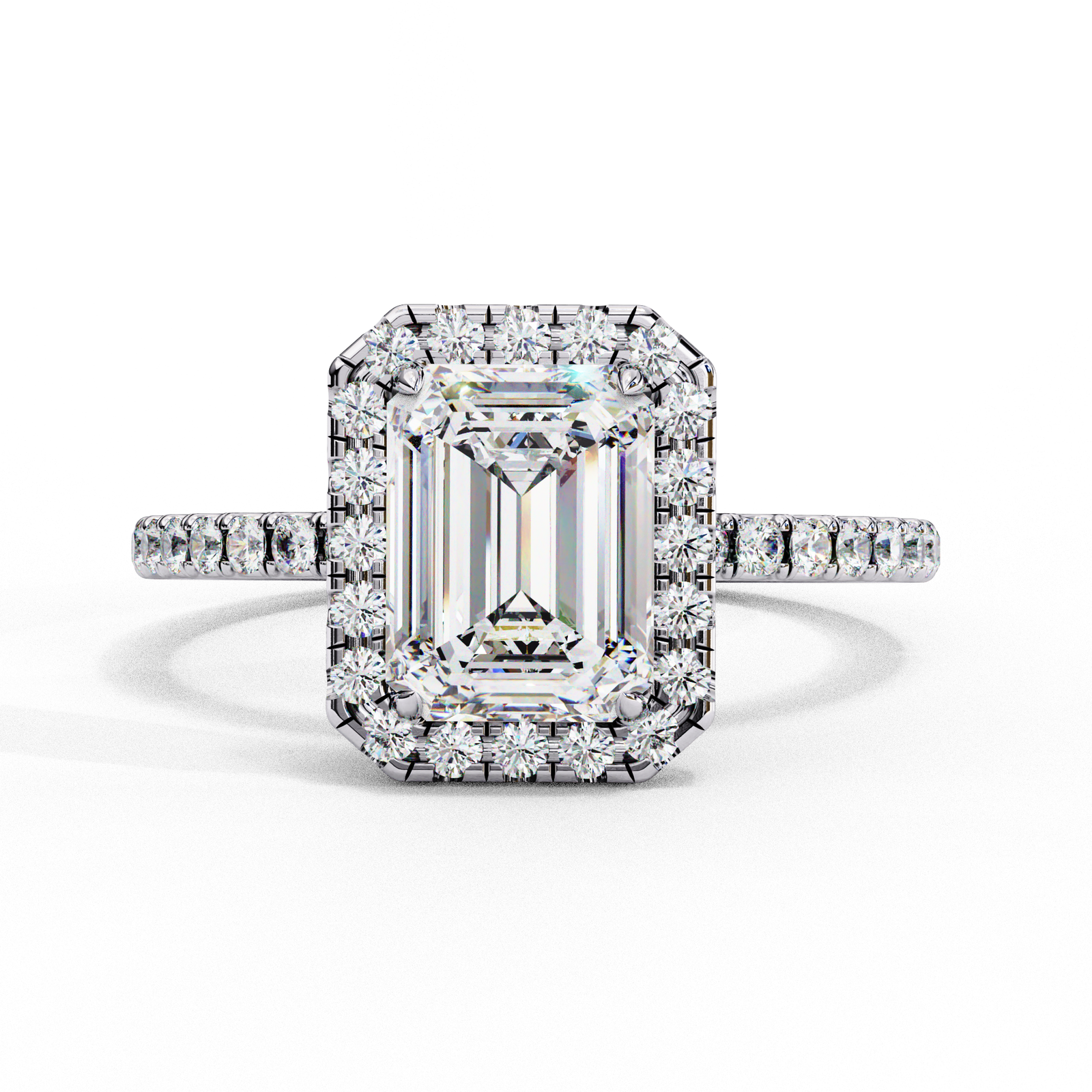 Emerald Cut Diamond Engagement Ring with Halo and Pave Band